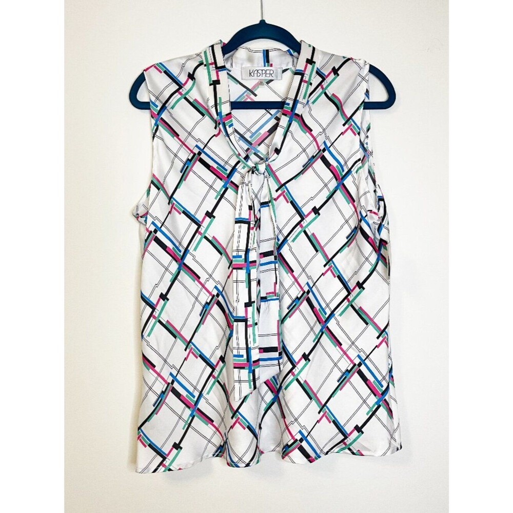 Kasper Petite XL Geometric Tie Neck Sleeveless Blouse Career Chic Top